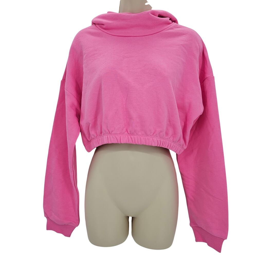 Naked Wardrobe Womans size L  French Terry Funnel Neck Cropped Hoodie Pink NWOT